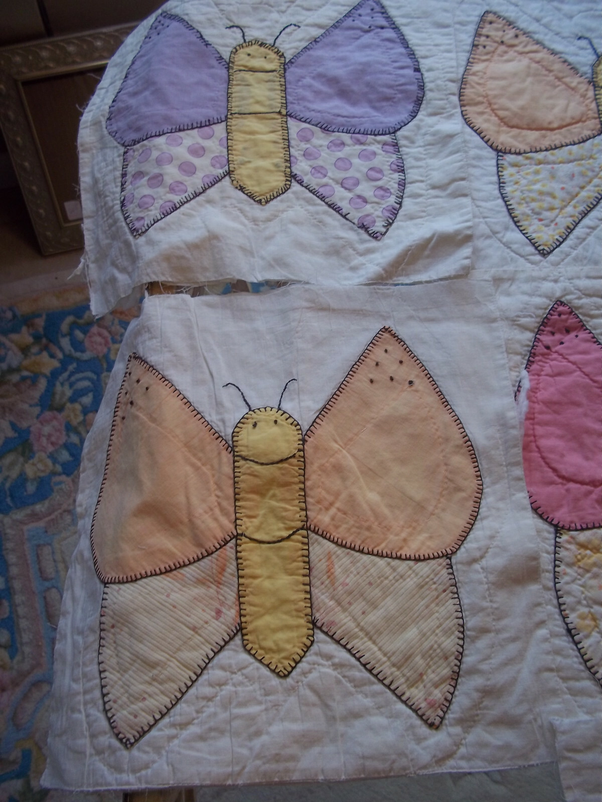Antique quilt squares butterfly appliqued & embroidered & hand quilted 14 pcs
