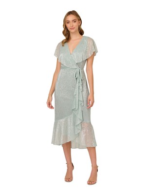 ADRIANNA PAPELL Womens Green Lined Belted Capelet Flutter Sleeve Midi Dress 4