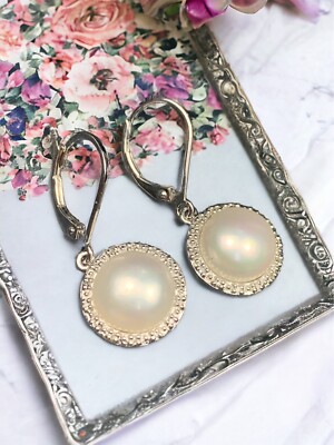 925 Sterling Silver White Mabe Pearl Sterling Diamond Halo Pierced  Earrings