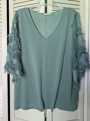 Boutique Blouse AndTheWhy Women Top Sz Large Eyelash Sleeves Aqua Green Preowned