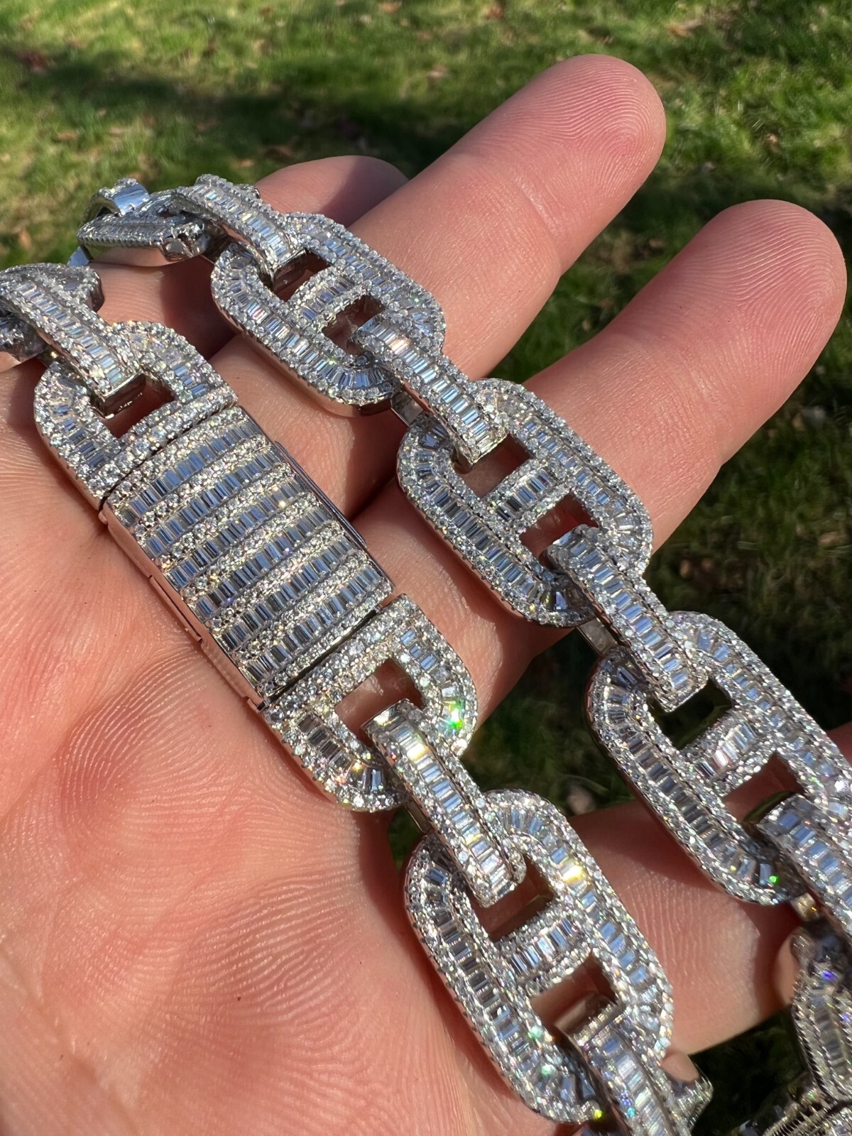 Pre-owned Silver Baguette Moissanite Solid 925  Gucci Link Chain Necklace Pass Diamond Test