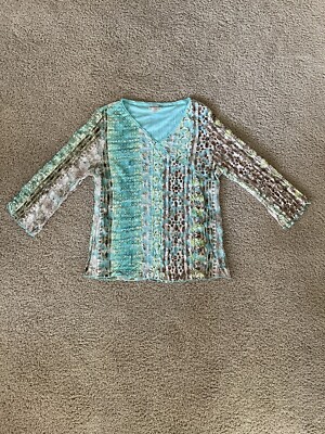 Nicola 3/4 Sleeve Aqua W/ Brown Pattern V Neck Blouse Size XL