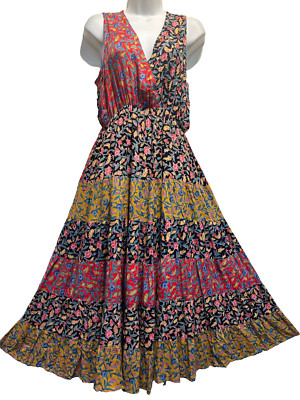 Nw SACRED THREADS patch floral bohemian funky hippy rayon tier DRESS L Free ship