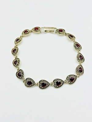 Silvertone Faux Marcasite Red Crystal Heart Link Bracelet  7'' 1990's