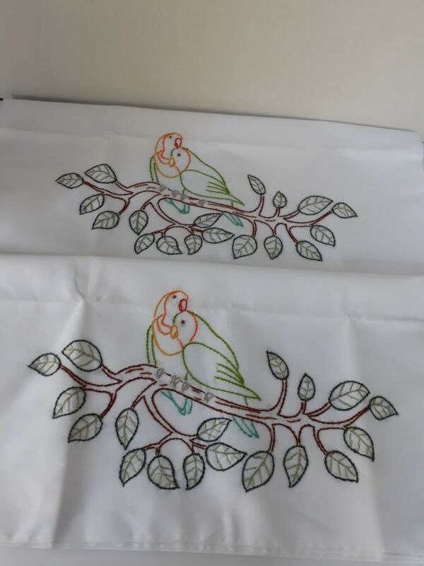 Hand-Embroidered Pillowcase Pair Lovebirds  Parrots New 
