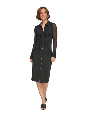 DKNY Womens Black Faux-button Front Slit Hem Lined Long Sleeve Shirt Dress 14