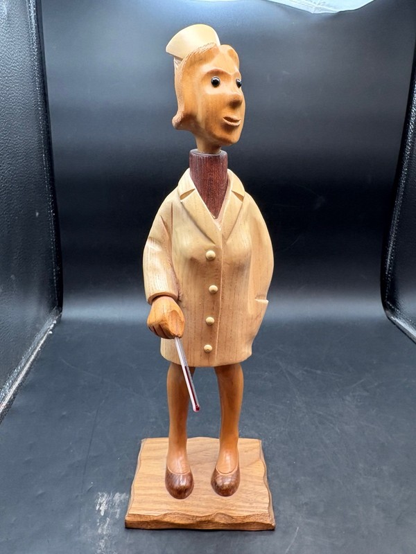 Vtg Romer of Italy Wood Carved Nurse Sculpture Woman in Labcoat w