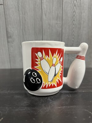 Vintage Bowling Themed Coffee Mug, 3-D Bowling Ball & Bowling Pin Handle, 12oz 