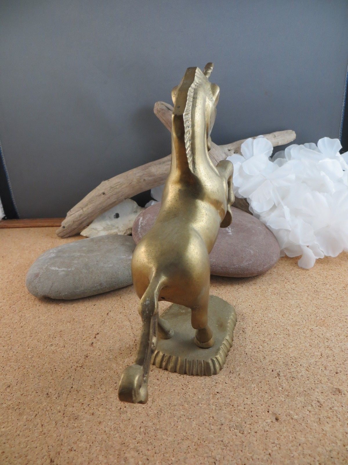 Vintage Antique Brass Metal Rearing Horse Unicorn Figurine on base 6