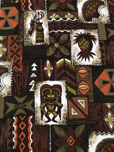 Vtg 2.5 Yds 60s Hawaiian Shirt Fabric Tiki Tropical Design Cotton