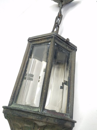 Antique Vtg Gothic Porch Light Formed Copper Hanging Fixture Beveled Glass RARE