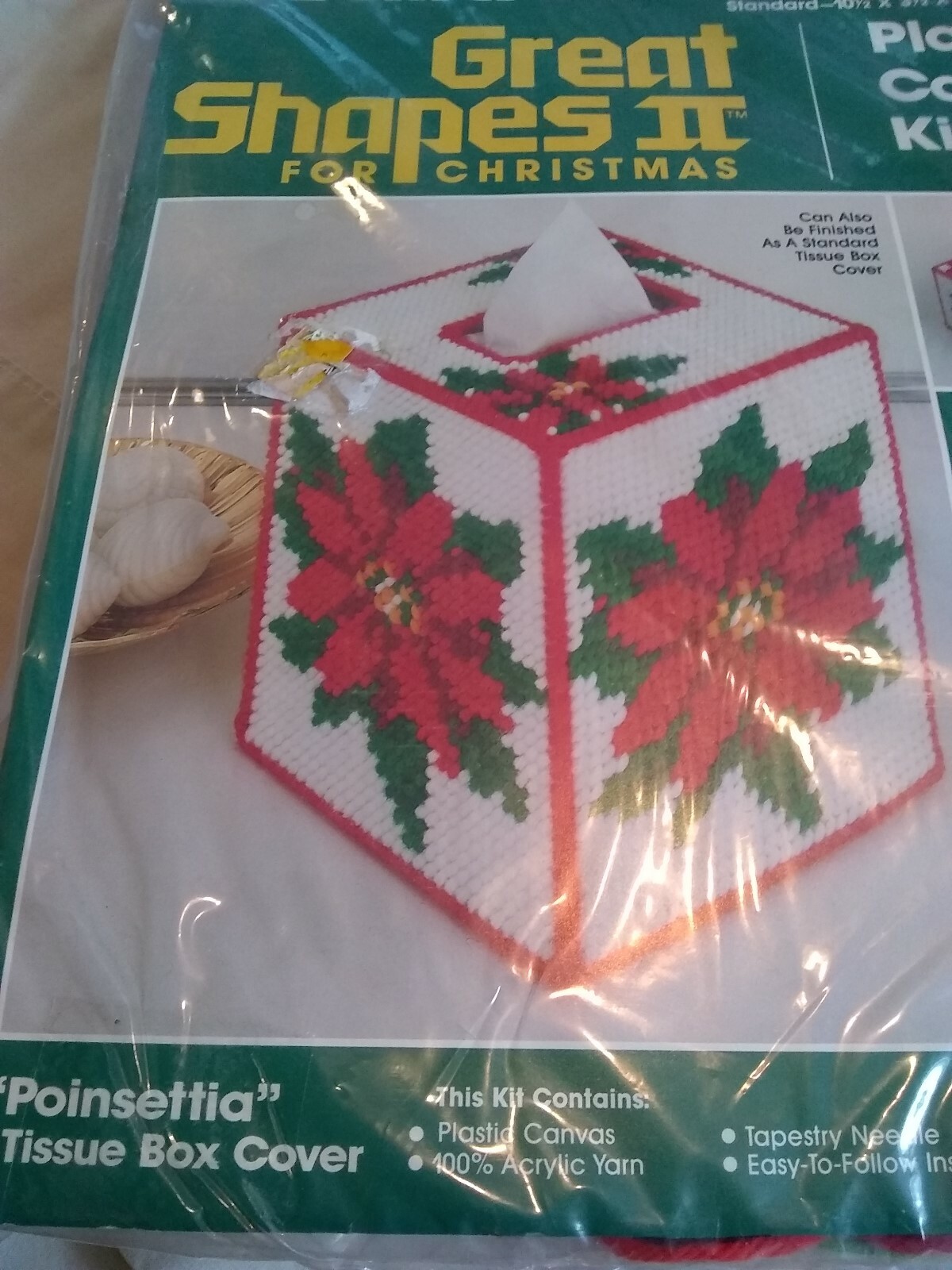 Bucilla Plastic Canvas Kit - Great Shapes for Christmas - Poinsettia Tissue Box