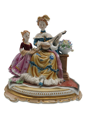 Dresden Style Porcelain Mother and Child Playing Lute Figurine