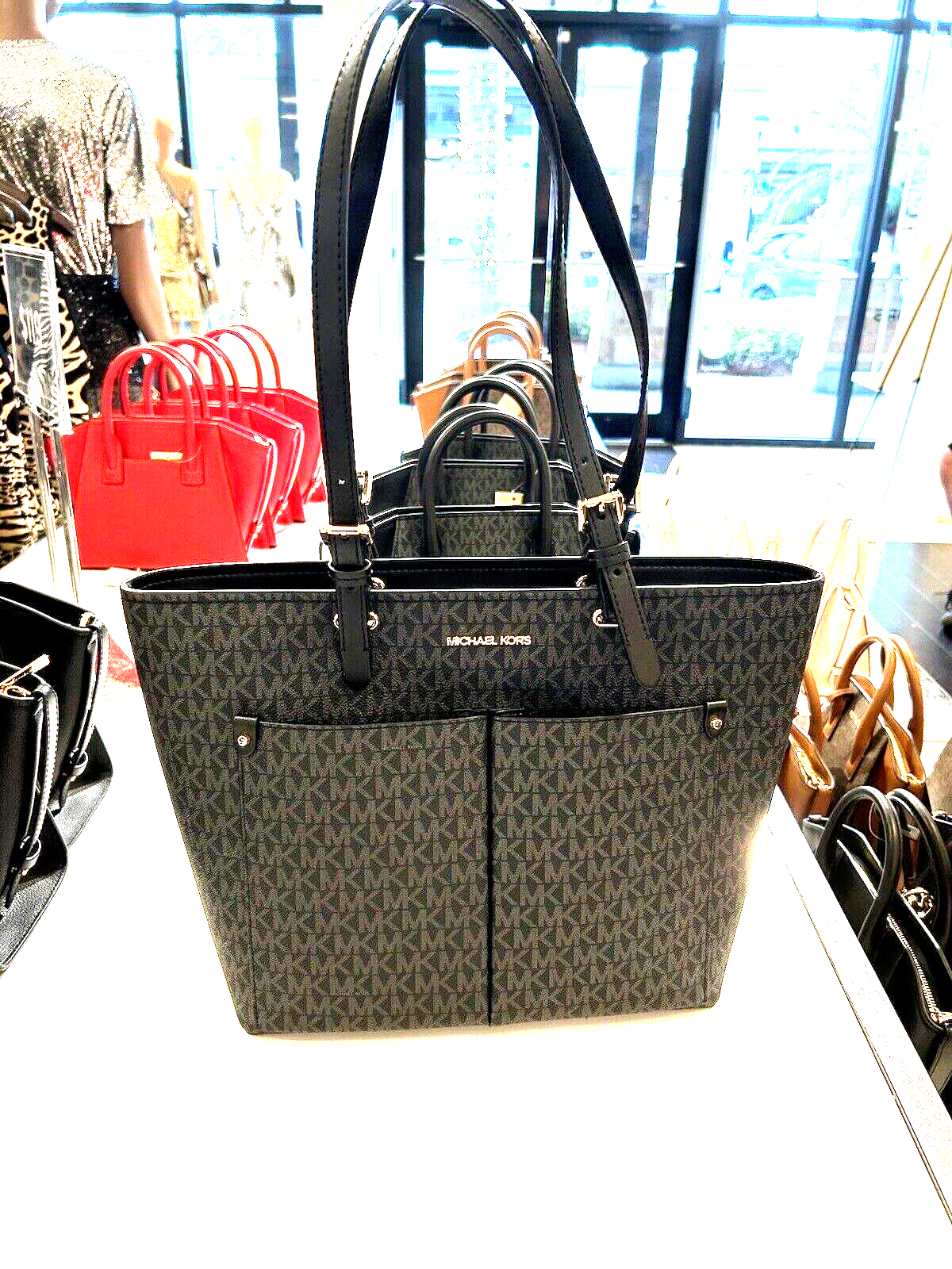 MICHAEL KORS JET SET TRAVEL MEDIUM DOUBLE POCKET TOTE SHOULDER BAG MK BLACK