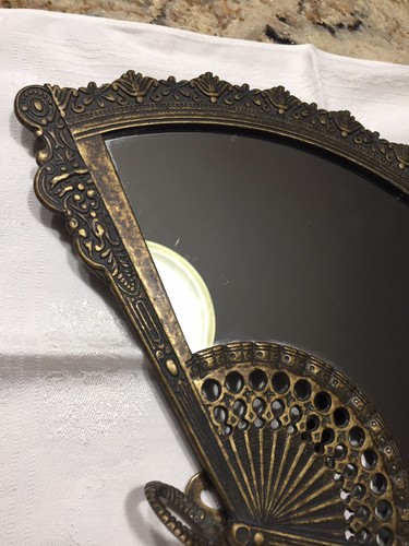 ANTIQUE METAL VICTORIAN FAN SHAPE MIRROR W/EASEL STAND