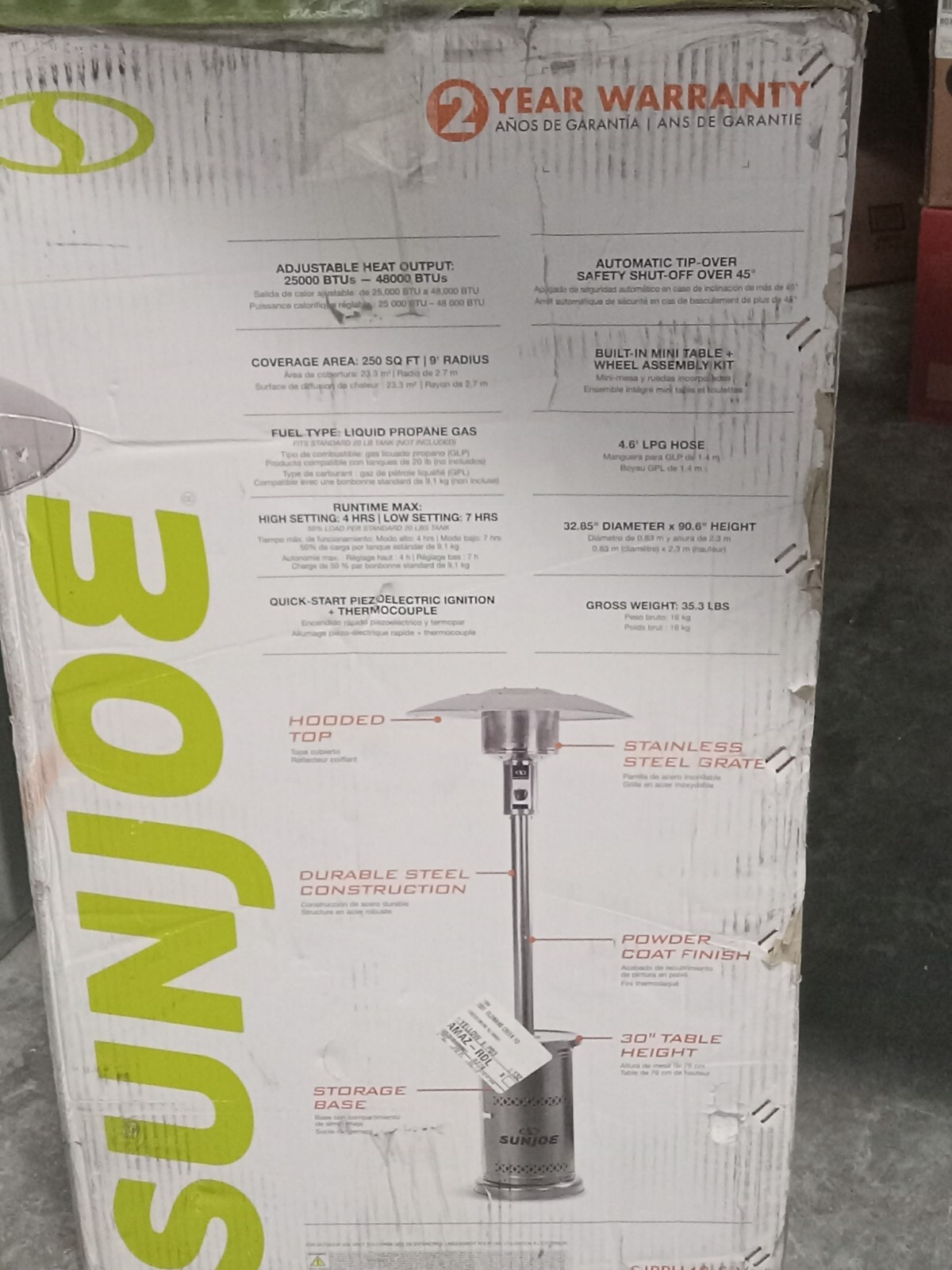 Sun Joe 48,000 BTU Propane Patio Heater, Table - Silver, SJPPH48-SLV