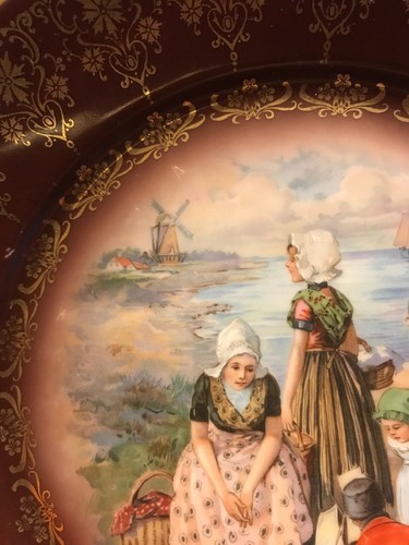 Antique Royal Vienna Hand Painted Plate Dutch Windmill Sail Boat Woman Children