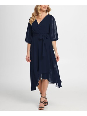 DKNY Женское темно-синее платье миди с искусственным запахом на подкладке и завязкой на талии 6