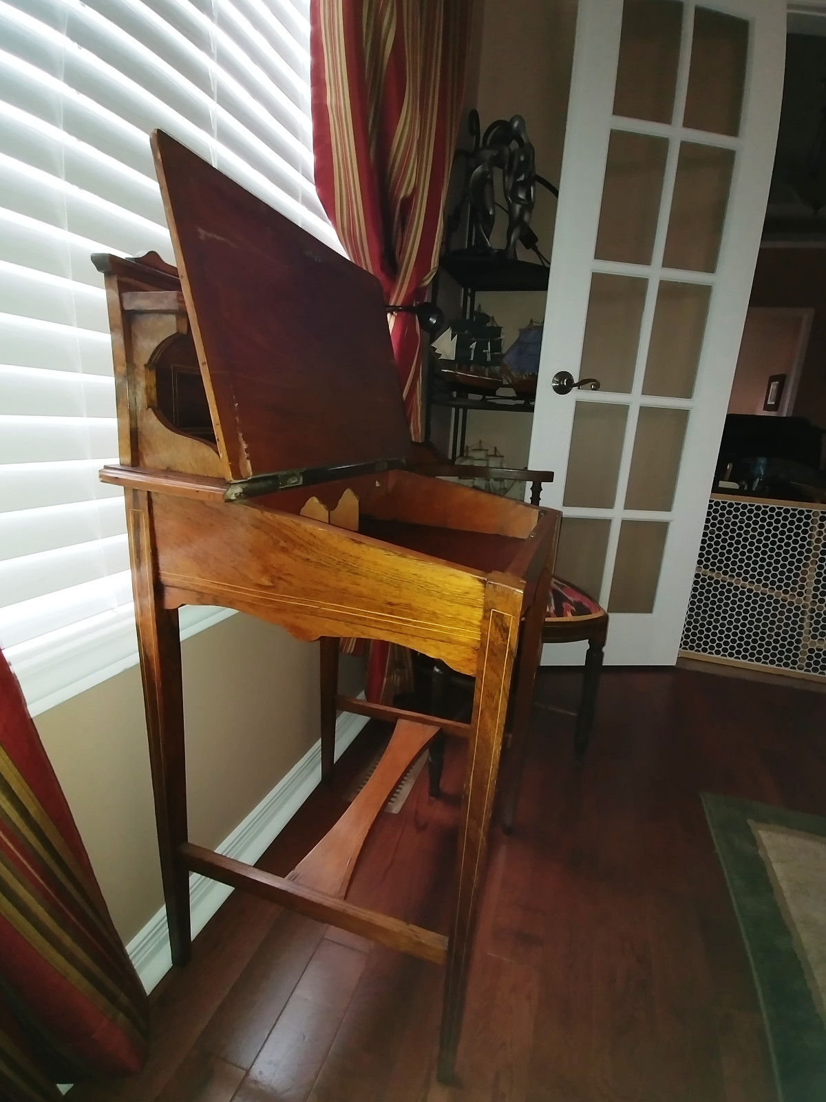 Early French Louis XVI mahogany Tambour inlaid writing table / Bureau De Dame