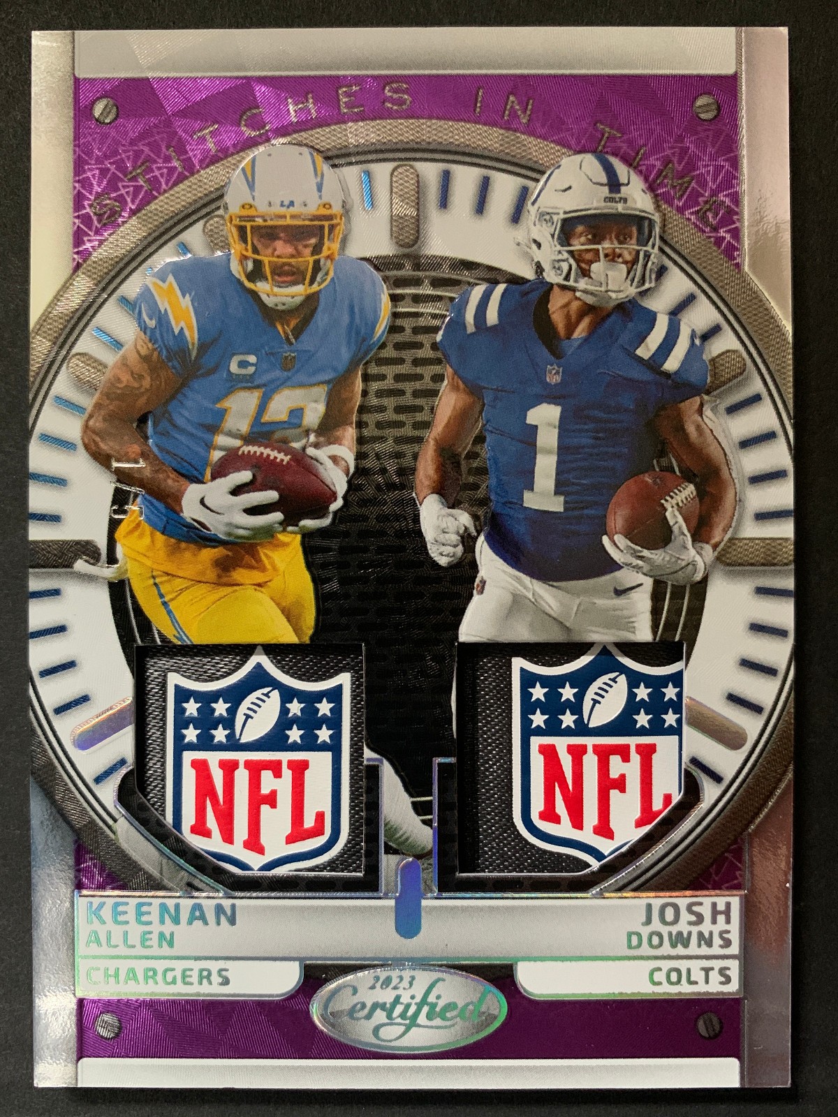 2023 Certified Stitches in Time Purple Keenan Allen Josh Downs /5 NFL Shield