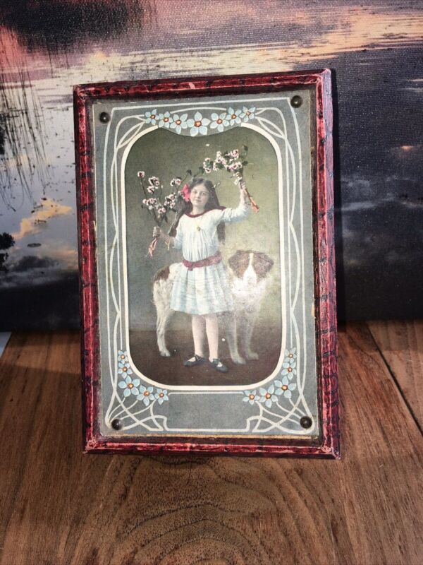 Girl & Dog Early 1900s Vintage Cardboard Sewing / Jewelry Box-unique !