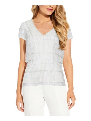 

ADRIANNA PAPELL Женский бежевый блузон с бисером и короткими рукавами, вечерний топ с V-образным вырезом