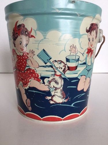 Vintage Tin Litho Sand Pail And Shovel, Children Playing At The Beach