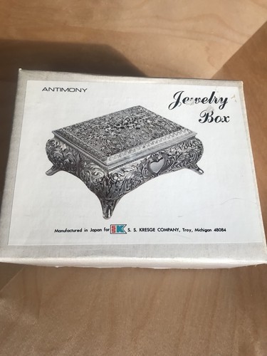 Antimoni Vintage Jewelry Box Fancy Ornate Metal with Roses Made in Japan NOS