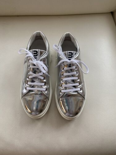 Miu Miu Silver Metallic Patent Leather Crystal Platform Miu Miu Silver Metallic Patent Leather Crystal Platform
