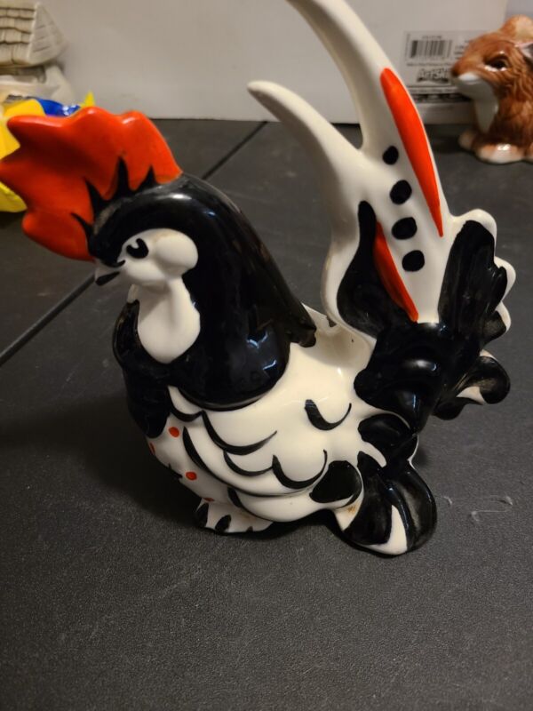 Vintage Ceramic Rooster Figurine Black, White and Red