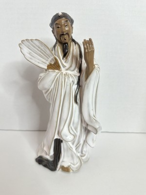 9'' Chinese White Porcelain Pottery Famous Zhuge Liang Kong Ming Hold Fan Statue