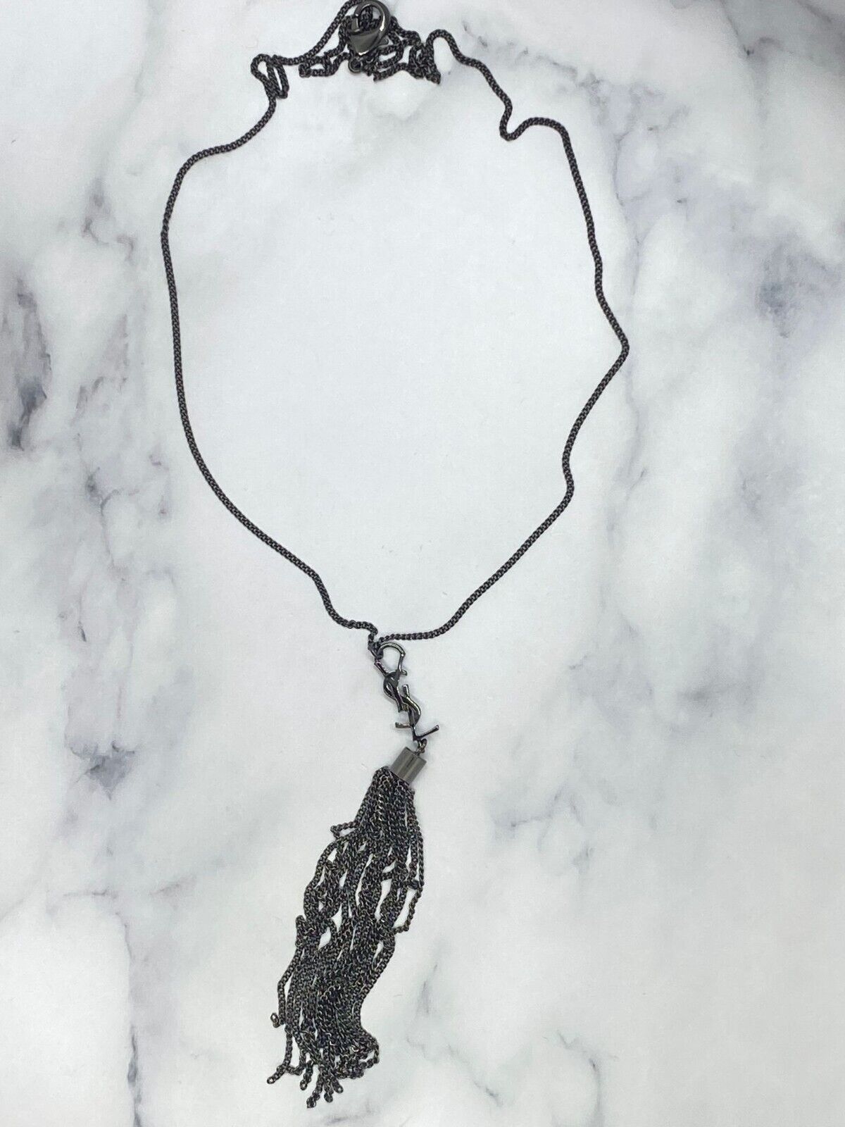 Auth YSL Yves Saint Laurent Dark Metal Tassel Necklace - Pre