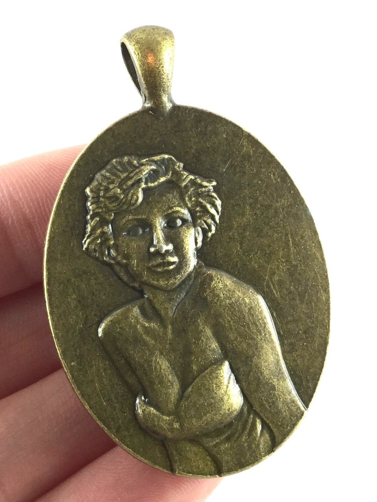 Multi-Color Cat Eye Oval Gemstone Bronze Pendant w/ Vintage Style Lady 53x33x8mm