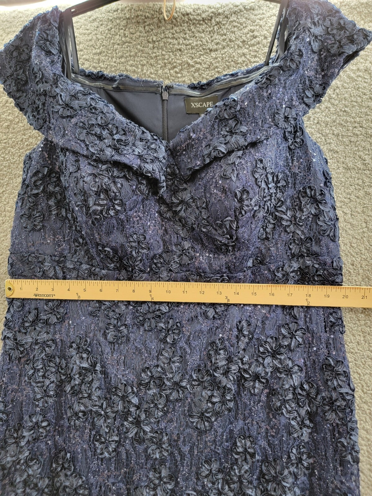 Xscape Plus Size Off Shoulder Embroidered Lace Dress Women's 16W Navy Back Zip - Picture 6 of 21