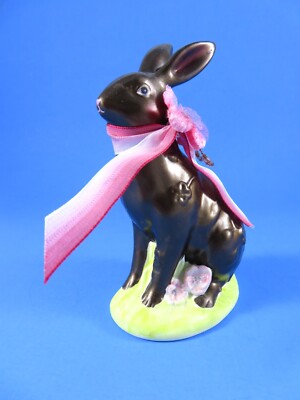 Small Ceramic Chocolate Bunny Rabbit Figurine Yellow Base Beaded Ribbon 5 Inches