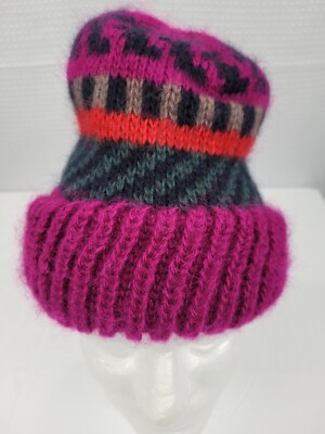 Vtg Aris Acrylic Heavy Knit Stocking Cap Raspberry with Multicolor Design NWOT