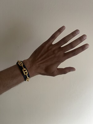 HERMES Chaine d'Ancre Gold Metal With Blue Lizard Leather  Band