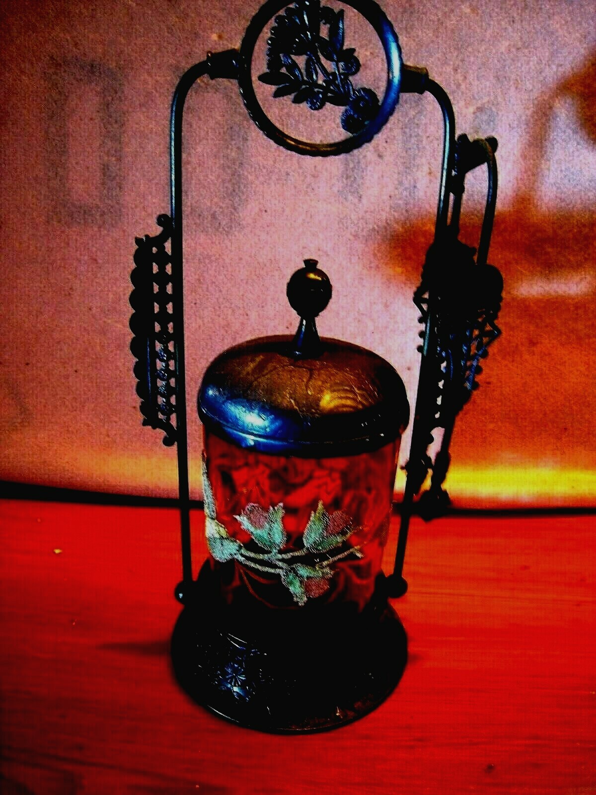 Derby Pickle Castor.....Cranberry Hand Decorated Jar...Antique....Complete