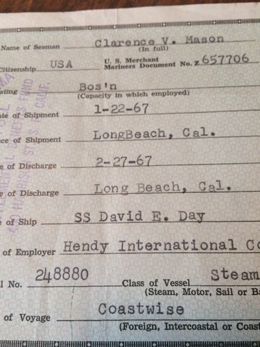 3 1967 U.S. Coast Guard Certificate of Discharge Merchant Seaman Steam Vessels