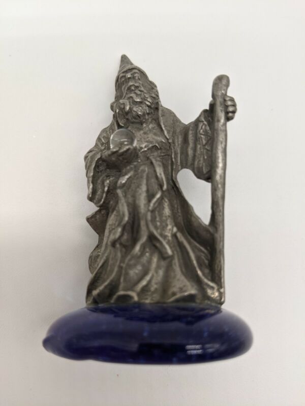 Pewter 3" Figurine Standing Wizard Holding A Crystal Ball & Staff On  Blue Stone
