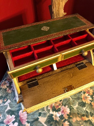 Vintage FLORENTINE ITALIAN SLANT TOP JEWELRY BOX Drop Front Key Locking Drawers