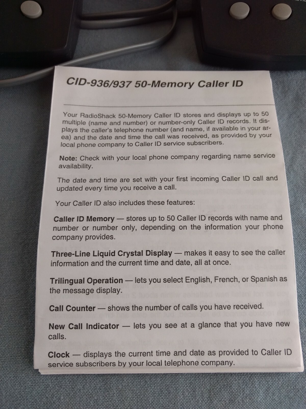 Radioshack 50-Memory Caller ID set of 2 Tested Works Graphite 936/937