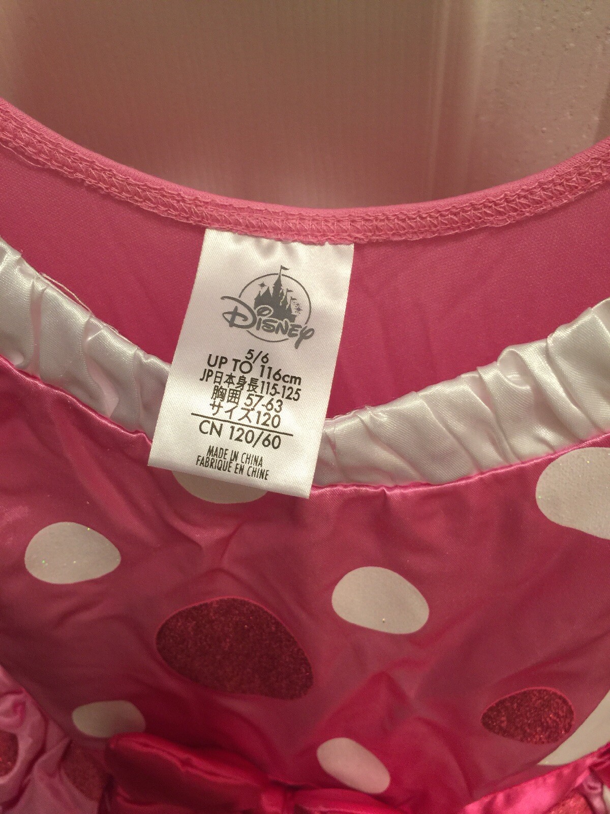 Disney-Parks-Size-5/6-Minnie-Mouse-Dress-&-Gloves-Pink-Polka-Dots-Glittery-Bow