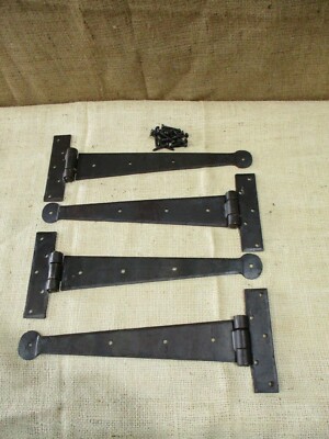4 PRIMITIVE HAND FORGED IRON HINGE HINGES DOOR CABINET IRON 12'' DOORS ROUND END 