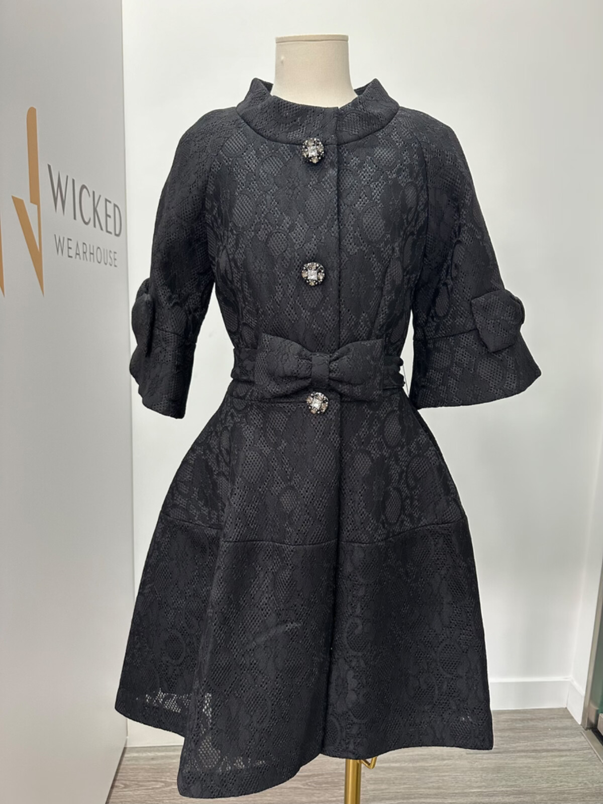 Pre-owned Edward Cc1  Achour Paris Black Lace Dress Coat Jacket Crystal Buttons Sz 34