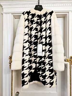 NWT $12K Elpidio Loffredo Mink Fur Coat Pied-de-Poule white/black, S / M