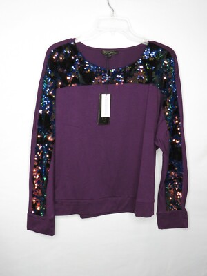NWT DG2 DIANE GILMAN EGGPLANT W/SEQUIN VELOUR LONG DOLMAN SLEEVE TOP SZ M #B232