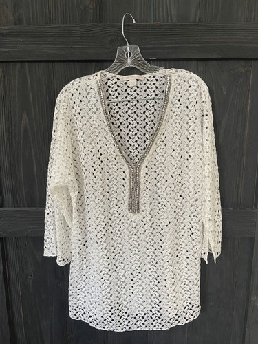 Boston Proper Bathing Suit Coverup Women's Size Medium Ivory Lace  Sequin