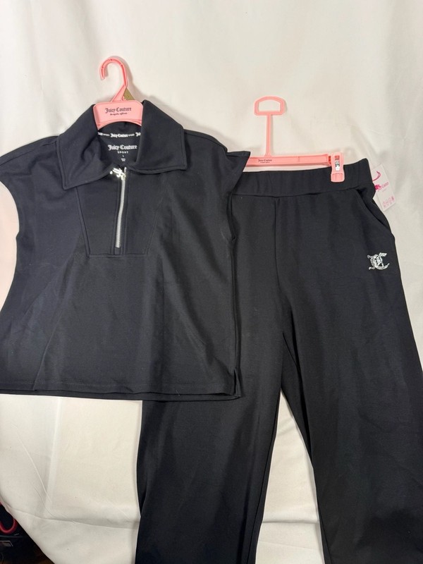 Juicy Couture Womens Sport Black 2-Piece Outfit Set Polo Top & Pants Size L NWT