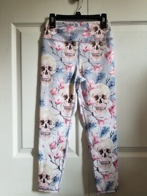 NWOT Baby Blue & Pink Floral Skull Athletic Capri Leggings